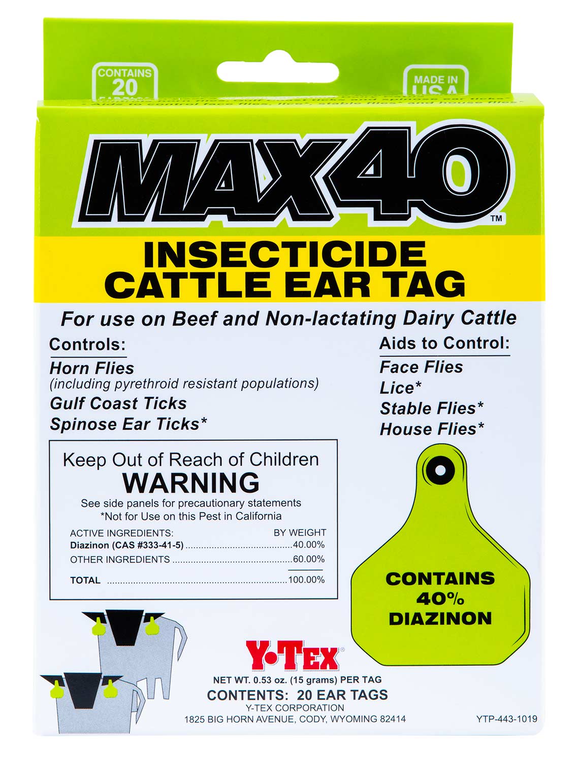 Y-Tex Max 40 Insecticide Cattle Ear Tag, 20 Pack