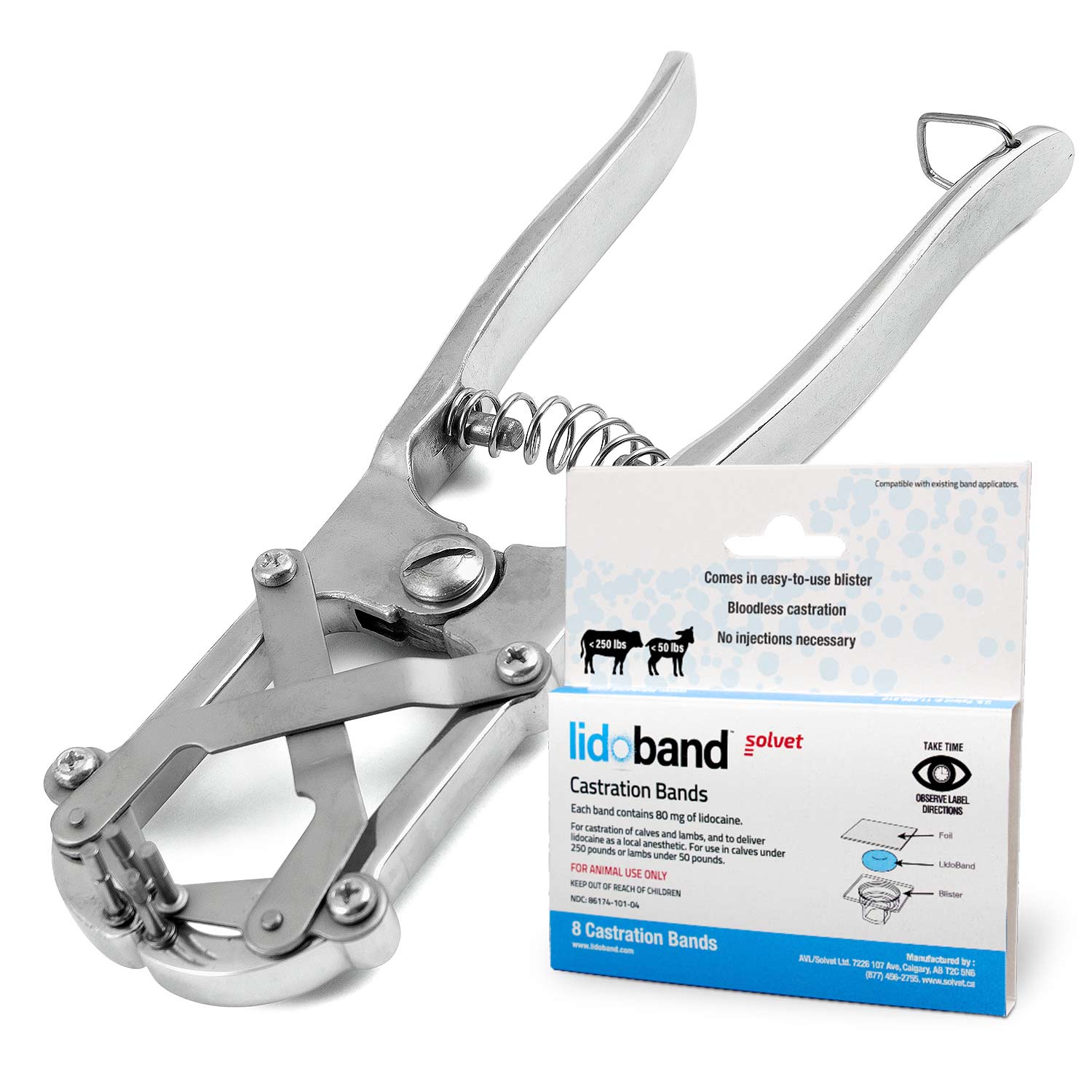 Jeffers Band Castration Tool with LidoBand Lidocaine Castration Bands for Calves & Lambs