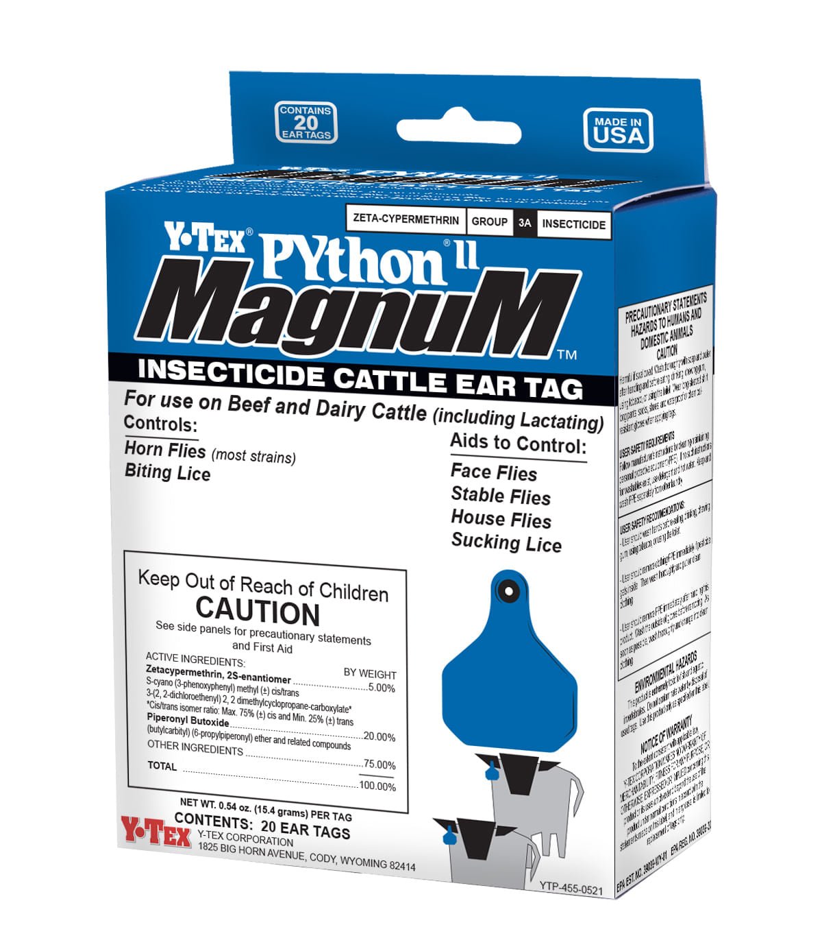 Python II Magnum Insecticide Fly Control Cattle Ear Tags, 20 pack