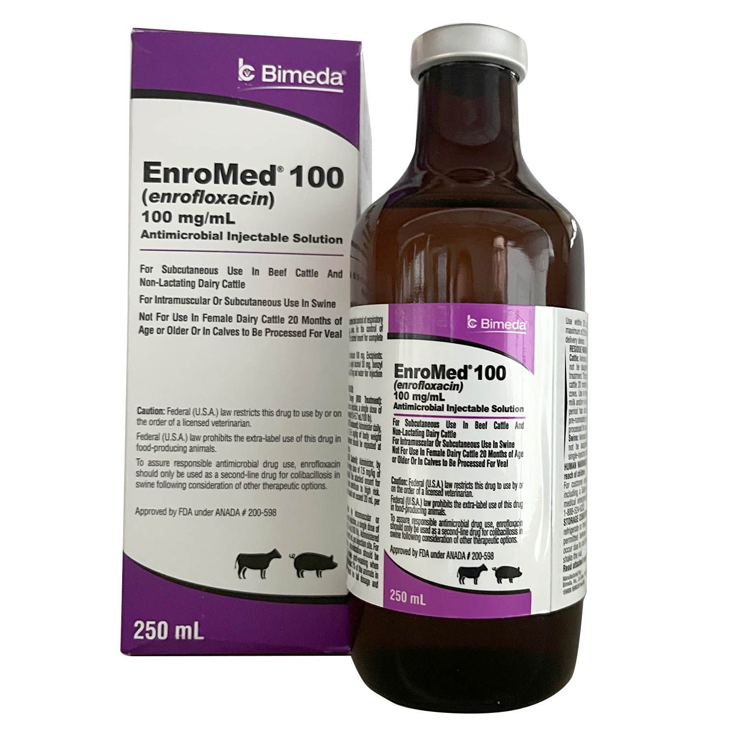 Rx EnroMed 100 (enrofloxacin) Injection for Swine & Cattle, 250 mL